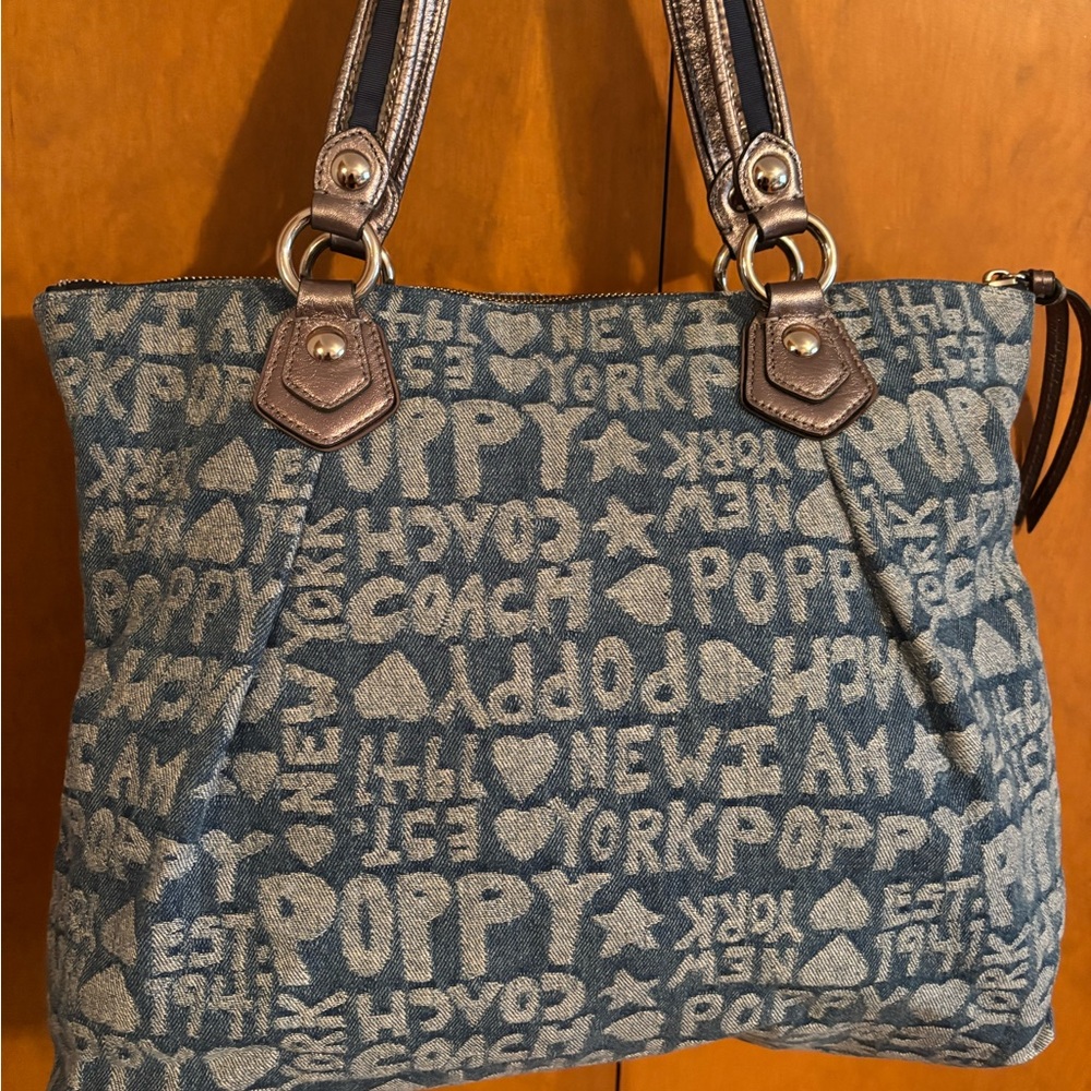 Coach Poppy Denim Tote with Silver Trim - Picture 2 of 7